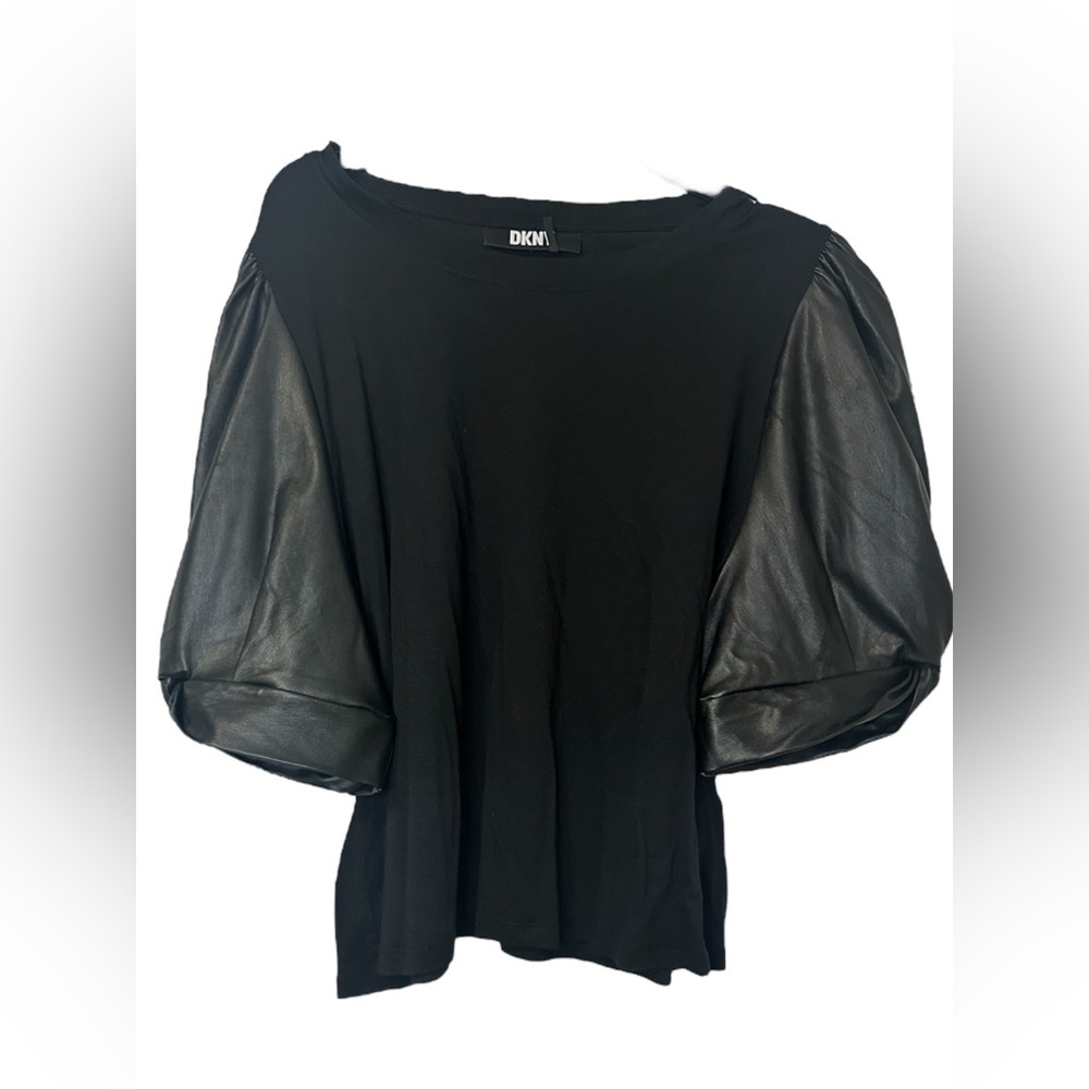 DKNY Faux Leather Puff Sleeve Top - Picture 2 of 7